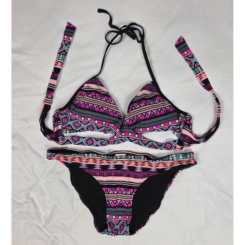 Xhilaration Bikini XL 2 Piece Geometric Print Strappy Halter Y2K Swim